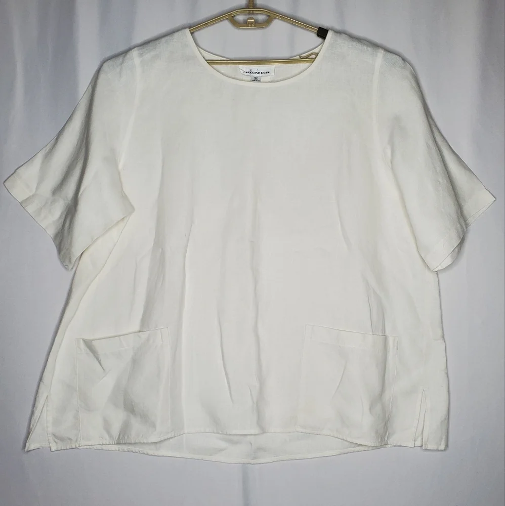 Caroline Rose Linen Top Womens 3X White Short Sleeve Pocket Boho Coastal Minimal
